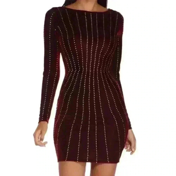 Windsor Burgundy Mei Heat Up The Night Long Fitted Sleeves Mini Dress Size S-M - Picture 1 of 8